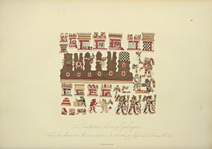 ウィーン帝国図書館に保存されていたメキシコ写本IIIの象形文字の絵画、アレクサンドルフォンによるコルディジェラの景色とアメリカ先住民の記念碑のイラスト 作： French School